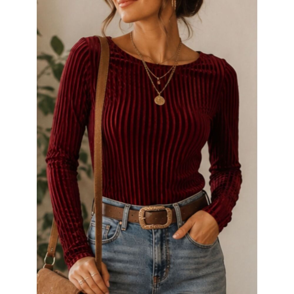 Cotton Candy LA Burgundy Velvet Stripe Long Sleeve Bodysuit Size S Stretch Chic